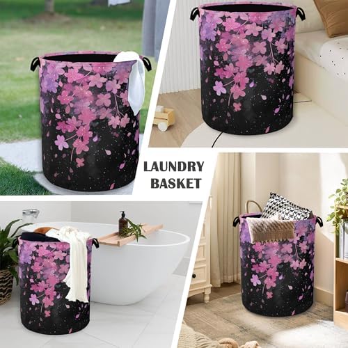 Cherry Blossoms Laundry Basket,Foldable with Handles Tote Bag Oxford Cloth for Bathroom Bedroom Dirty Clothes Storage Bucket 16" x 20.8"
