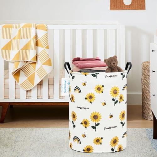 Round Laundry Basket Collapsible Storage Hamper Organizer Sunflower | Waterproof Canvas Foldable Baskets with sturdy Handles Multi-scene Organizer for Home Play Bedroom Gift Bin