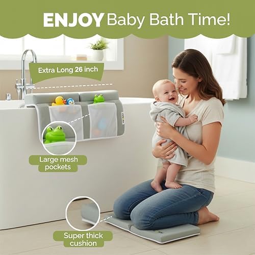 Wobbi Baby Bath Kneeler and Elbow Rest Pad Set | Extra Thick Memory Foam Support for Comfortable Bath Time | Non-Slip Suction Base | 4 Storage Pockets & Quick-Dry Design for Parents | Green