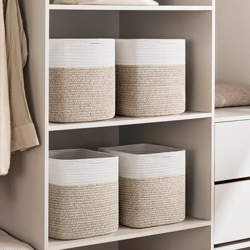 joybest 11inch Cube Storage Bins, Cotton Rope Woven Organizer Basket | Set of 4 Cube Bin Square Shelves Organizer Closet Storage, Nursery, Toy Organization, Brown&White