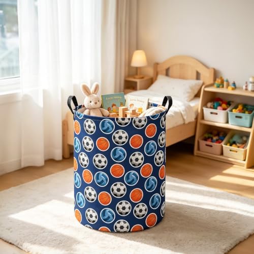 Round Laundry Basket Collapsible Storage Hamper Organizer Ball Sports | Waterproof Canvas Foldable Baskets with sturdy Handles Multi-scene Organizer for Home Play Bedroom Gift Bin