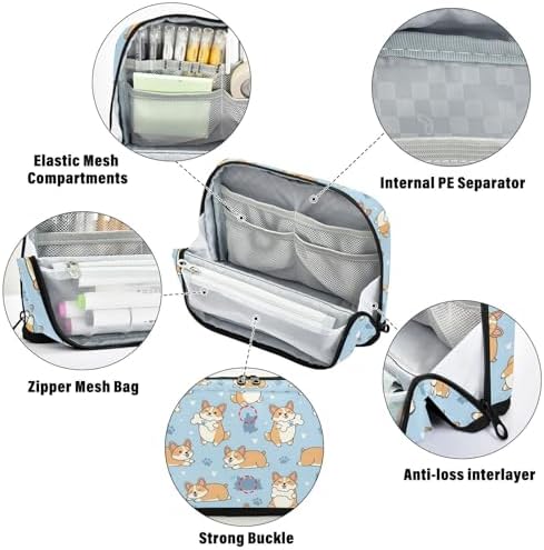 Emelivor Cute Pets Dogs Blue Print Large Capacity Pencil Case Stand Up Pencil Pouch for School Office Supplies Pen Organizer Bag with Pockets Portable Stationery Bag for Teens Adults Kids