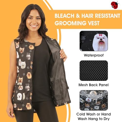 Ladybird Line 706 Dog Bread Design Unisex Waterproof Pet Grooming Vest, Hair Bleach Resistant, Covered Zipper, Mesh Back