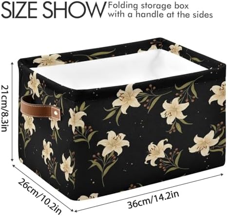 Kigai Lily Flower Storage Basket with Handles Waterproof Collapsible Storage Bin Canvas Fabric Basket Decorative Box Closet Organizer for Nursery Bedroom Office
