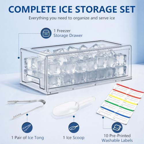 Stackable Ice Storage Bin for Freezer with Front Slide-Out Drawer | Clear PET bin with lid, 12.6 x 5.9 x 4.3 in, includes scoop, tongs and 10 washable labels, for ice and frozen fruit