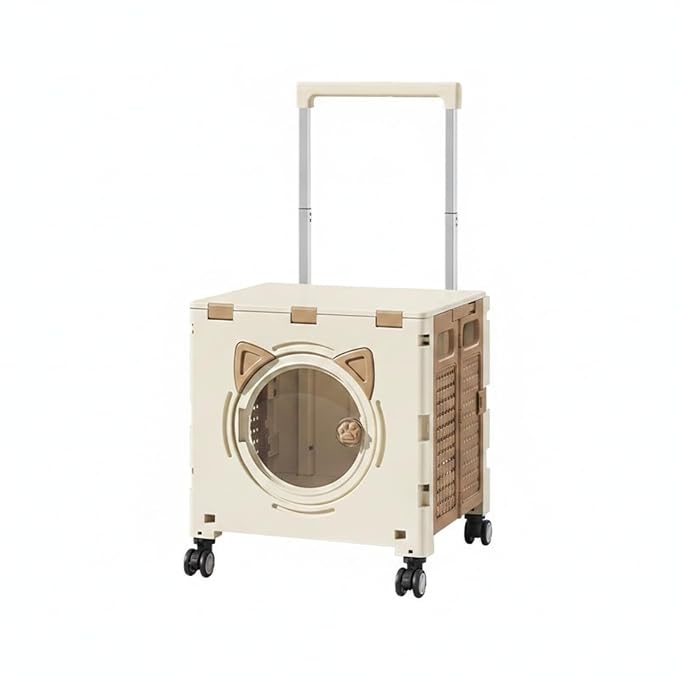 Almencla Outdoor Travel Cart Foldable Pet Trolley Carrier Crate with Adjustable Handle Heights and Smooth Casters with Front Transparent Window and Top Opening, Array, Khaki