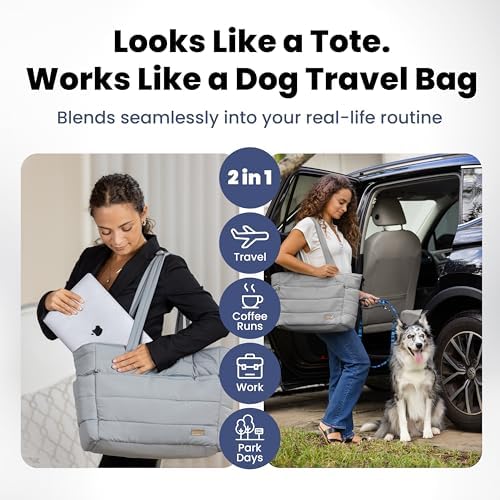 Rubyloo Dog Mom Bundle - Puffer Tote with Storage Containers (Grey) and Travel Dog Bed Large (42”x30”) (Pink Horizon) - Travel Bag and Portable Outdoor Bed Set
