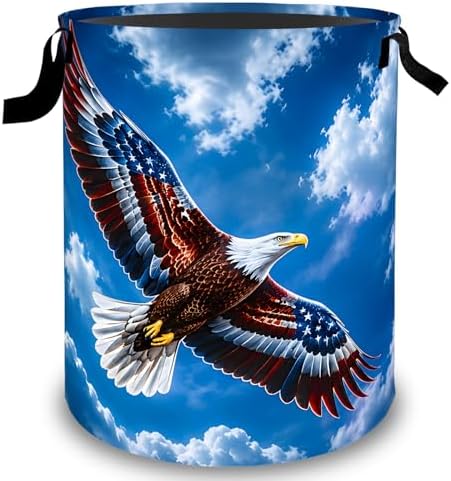 Eagle Laundry Basket Hamper, Organizer Bins Gifts for Women Kids, American Flag Bald Eagle Foldable Waterproof Clothes Hamper Handles Storage Bucket for Bedroom Bathroom Room Decor 19.7"x15.7"