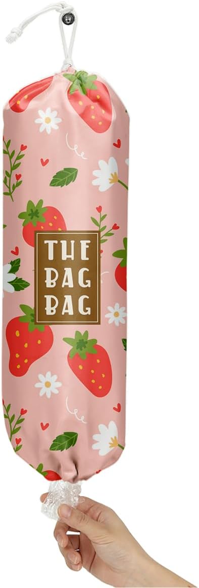 Plastic Bag Holder,Reusable And Washable Country Style Grocery Bag organizer,For Home Kitchen Travelling Camping Decor, use 1 Pack,Red strawberry Pattern