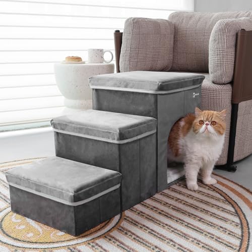 Foldable Pet Stairs with Cozy House & Storage