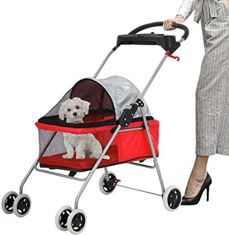 Meet Perfect Pet Stroller for Small/Medium Dogs & Cats, Red, Foldable | Waterproof fabric helps protect pets during outdoor travel; Mesh panels provide ventilation and visibility.