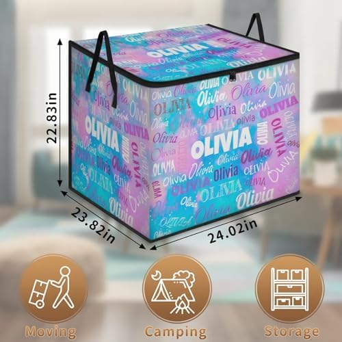 Custom Name Large Storage Bin with Lid, Personalized Storage Basket with Zippers for Organizing Comforters, Blankets, Bedding Closet Shelf Baskets, Watercolor Blue and Pink Galaxy Background