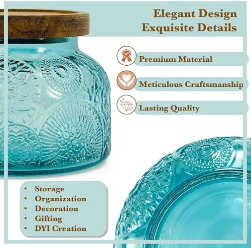 Decorative Blue Embossed Glass Jar with Airtight Wooden Lid, 25.4 fl. oz | Wide mouth vintage storage canister, kitchen pantry bathroom organization, coffee sugar tea cookie candy candle vase gift