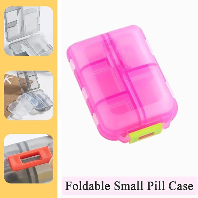 Travel Pill Organizer, Moisture Proof Daily Medicine Dispenser Box | Small Weekly Vitamin Pill Case for Supplement, Fish Oil, Meds, Pocket Pharmacy Cute Capsule Container 10 Compartments, Pink