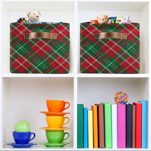 Christmas Buffalo Plaid Storage Basket with Waterproof Liner and PU Handles Winter Green Red Checked Storage Bins Boxes 14.2" Collapsible Decorative Organizer Baskets for Bedroom Closet Office 1 Pack
