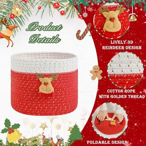 Christmas Baskets Cotton Rope Baskets for Christmas Empty Red Christmas Toy Bin, Christmas Gift Bin Large Blanket Storage Baby Basket for Kids Room/Living room (Reindeer Large)