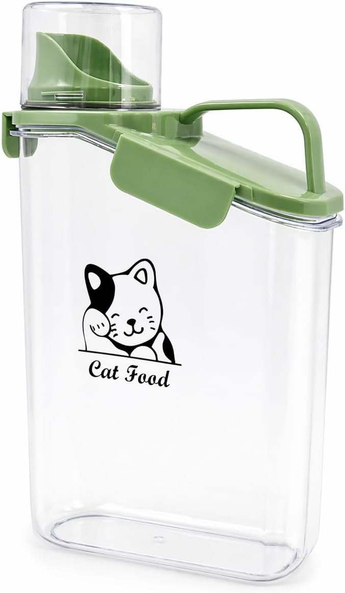 Geyecete dry cat food container with Measuring Cup & Pour Spout Portable-3 Qt/2.8 L Clear Plastic cat Food Jar Airtight Transparent-Green