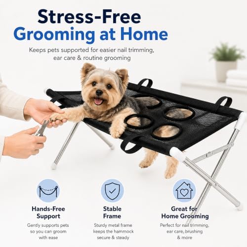 Foldable Pet Bathing Stand, Pet Grooming Hammock with Quick-Dry Mesh, 8-Hole Design, Metal Frame & Securing Strap for Small Dogs Cats Washing, Nail Trimming, Brushing (Coffee)