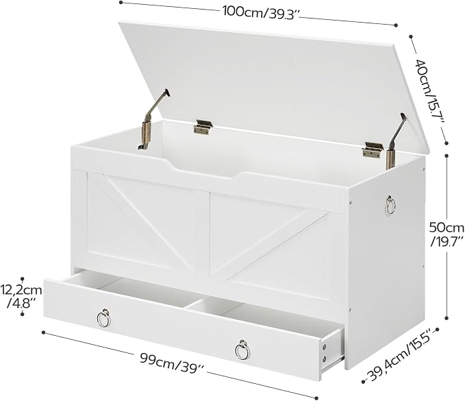 HOOBRO Storage Chest, 39.3" Toy Chest with Drawer, Wooden Storage Bench, Sturdy Entryway Bench Supports 220 lb, Shoe Bench, Safety Hinge, U-Shaped Opening, Easy Assembly, White WT710CW01G2