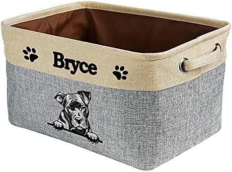 Personalized Fabric Dog Toy Storage Basket with Lovely Dog Pit Bull Collapsible Sturdy Fabric Pet Toys Storage Bin Cube with Handles for Organizing, Grey and White