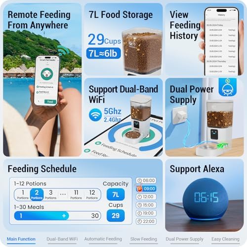 Automatic Cat Feeder with 5G WiFi: Automatic Dog Feeder with Slow Feed & Smart APP Control, 7L Timed Auto Cat Food Dispenser with Alexa for Pets, Detachable for Easy Cleaning - 29 Cups