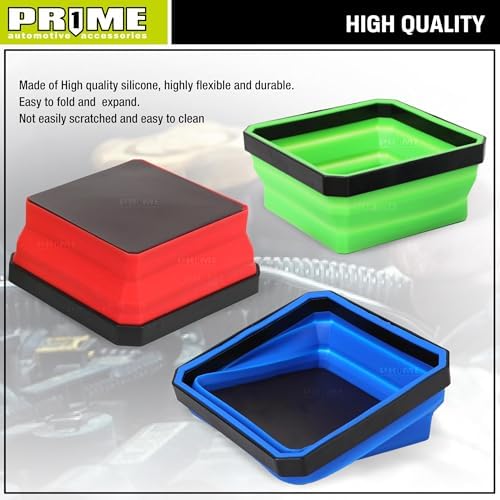 PR1ME Upgrade Collapsible Magnetic Parts Tray Set, 3 Pack, Foldable Magnetic Tool, 4.25 inch Square Silicone Bowls with Magnetic Base Stores and Organizes Small Parts and Tools