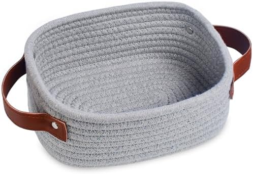 ABenkle Small Storage Basket, Mini Rope Woven Baskets, Cute Shelf Closet Storage Organizer, Boho Decorative Toy Bin for Nursery, Living Room, Spa, Empty Gift Basket - XS,Grey