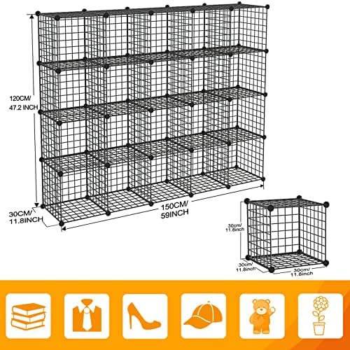 HUBSON Wire Cube Storage Organizer, Book/Toy/Craft/Potted Plants and petCloset Organizers and Storage Shelves, 20-Cube Freely Combinable Metal Grids Storage Shelf,Black Iron