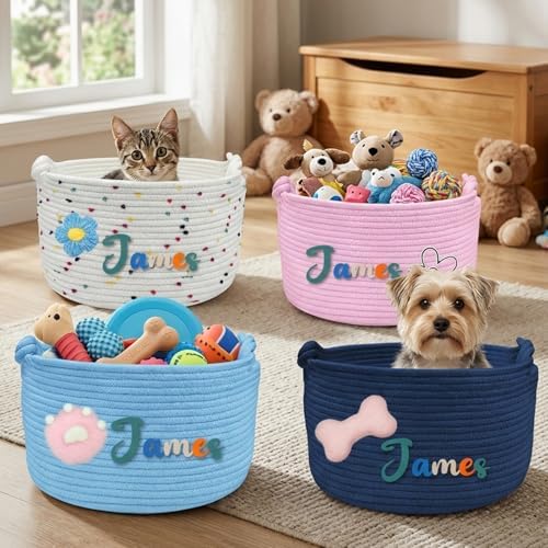 Personalized Dog Cat Basket Custom Embroidery Name Storage Bin Handmade Woven Cotton Rope Organizer for Pet Supplies Toys Blankets Clothes