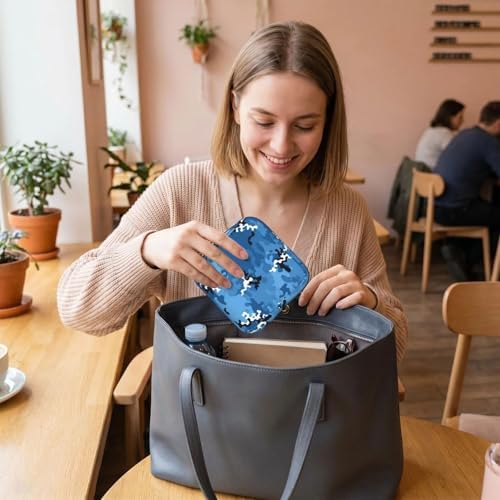 Women Period Bag with Zipper, Compact Polyester Sanitary Napkin Storage Pouch Army Camouflage Blue, Feminine Care Organizer for Purse Travel