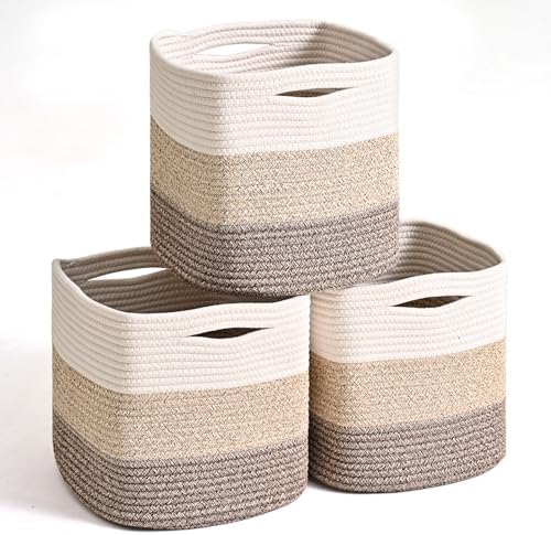 ICERZCZ 11 Inch Cube Storage Bins, Storage Cube Organizer Bins, Woven Cotton Rope Baskets for Storage, Storage Basket for Organizing Shelves, Square Baskets for Toys, Gradient Brown (Pack of 3)