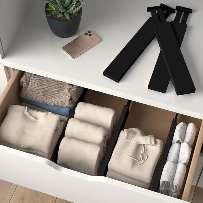6-Pack Drawer Dividers 2.6-Inch High Dresser Organizer 16 to 22 Inch, Black | Bamboo, Spring Loaded, No Tools Needed, Fits Wide Drawers for Socks, Clothes, Utensils, Bedroom, Bathroom, Kitchen, Office