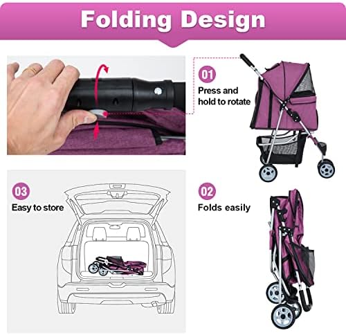 BestPet | 3-Wheel Foldable Pet Stroller | Purple | Lightweight & Portable | Travel Carrier with Mesh Windows, Storage Basket, Cup Holder, Safety Brakes, and Waterproof Fabric | For Small Dogs and Cats