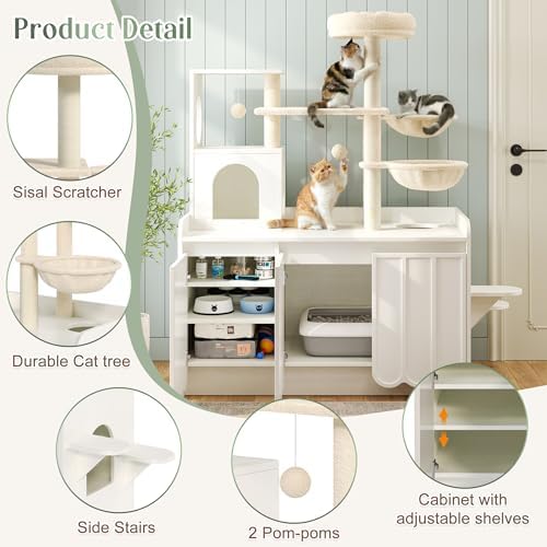 50.6 Inch Cat Tree with Litter Box Enclosure and Storage, White | Hidden Litter Box Cabinet with Multi-Level Platforms, Dual Hammocks, Sisal Scratching Posts, Condo and Top Perch for Play
