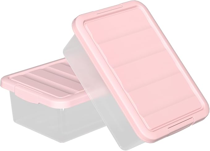 14 Quart Plastic Storage Latching Bin Box with Pink Lids, 2 Packs | Flat Under Bed Organization Latch Tote Containers with Lid
