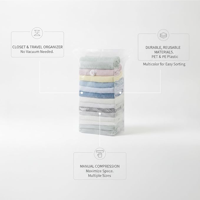 Manual Press Vacuum Storage Bags for Clothes & Bedding, Multicolor, 1 Pack | Space Saver Bag, One-Way Valve, No Pump Needed