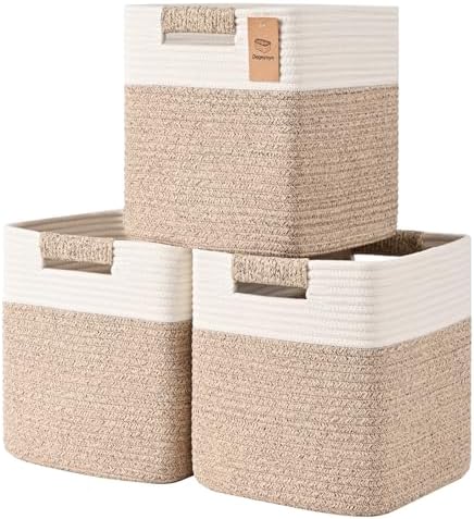 13 Inch Storage Cubes, 3 Pack Cube Storage Bins for Organizing, Cotton Rope Woven Baskets for Shelves, Bathroom, Kids Room, Closets, Baby Nursery