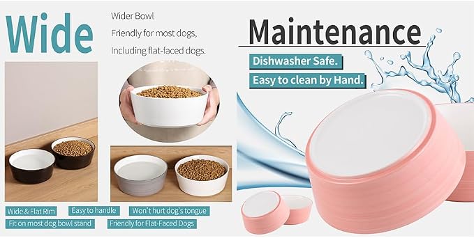 Pink Elevated/Raised Dog Bowl Ceramic with Wood Stand for Medium Large Breed,Dog Food Water Dish Heavy Weighted,8 in Non Slip Modern Cute Porcelain Pet Bowl Extra Large Wide