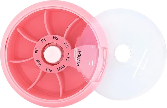 INVODA Weekly Pill Organizer 7 Compartment Rotating Pill Box for Daily | Cute Round Pill Organizer Fit purse pocket or backpack Portable Travel Pill Case for Fish Oil Supplements Vitamins Medication