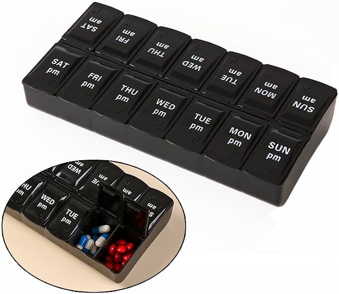 Travel Pill Organizer, Small Pill Case Holder Daily Medicine Box | Black 14 Compartment Container for Vitamin Supplement Pocket Pharmacy, Medicine Dispenser Purse Cute Tablet Meds Capsule