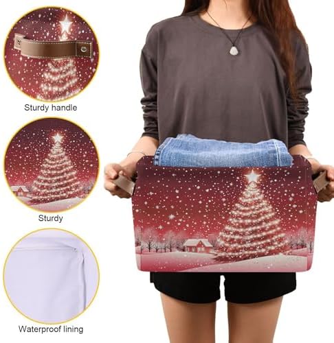 Christmas Tree Red Storage Basket with Waterproof Liner and PU Handles Xmas Winter Snow Scene Storage Bins Boxes 14.2" Collapsible Decorative Organizer Baskets for Bedroom Closet Office 1 Pack