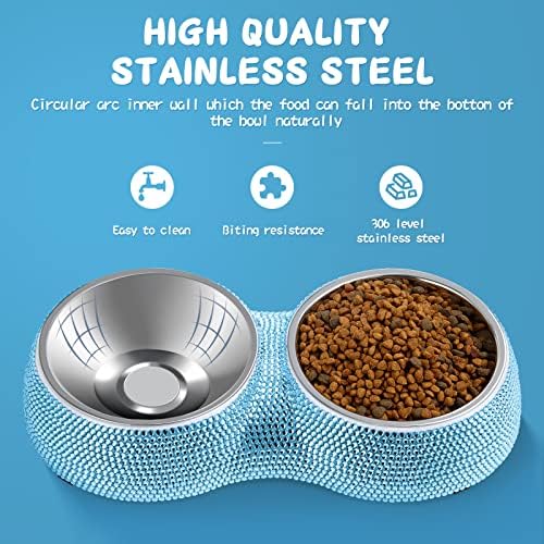 Dog Bowls Water and Food Bowls Stainless Steel with Non-Slip Resin Station and Bling Rhinestones, Pet Feeder Bowls for Puppy Medium Dogs Cats Puppy Pets (Blue, Double)