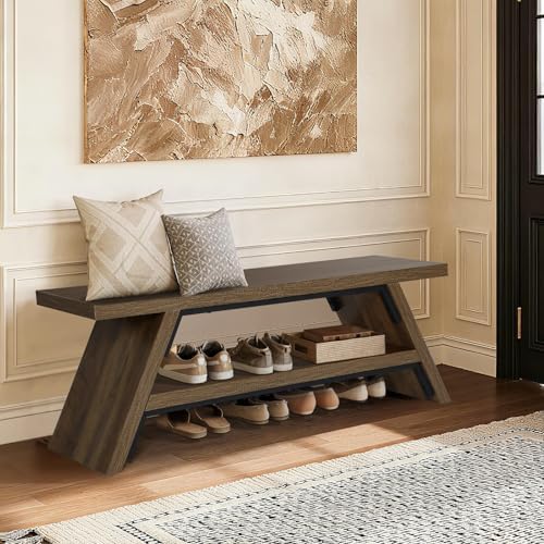 2-Tier Shoe Storage Bench, Solid Wood Entryway Stool Storage | Narrow Shoes Racks for Entryway, Minimalist Multi-Purpose Bench for Hallway, Kitchen, Bedroom, or Dining Room