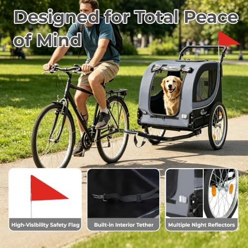 2-in-1 Pet Bike Trailer & Dog Stroller for Ebikes, Heavy-Duty Foldable | Heavy-duty powder-coated steel frame supports up to 100 lbs. 600D Oxford fabric is tear-resistant and sun-protective. Co