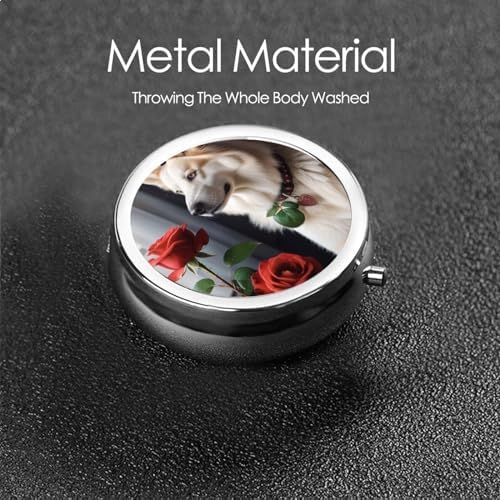ZhongGuo Dog and Rose Printed Pill Organizer,Round Travel Pill Organizer Mini Medicine Pill Box for Purse Iron Plating