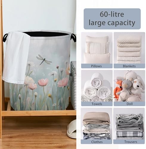 Dragonfly Laundry Hamper,Dandelion Flower Dirty Clothes Laundry Basket with Handles Waterproof Oxford Cloth Storage Basket for College Dorms Bathroom Bedroom 16" x 20.8"