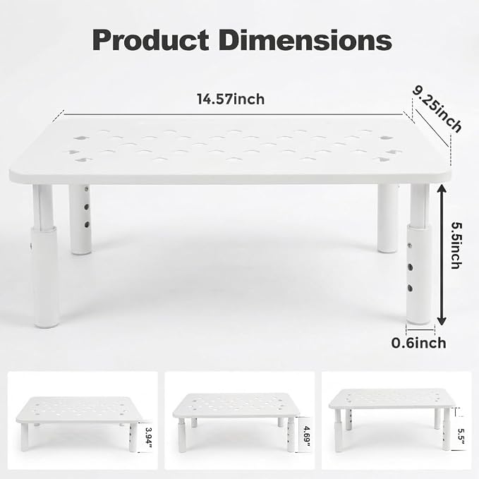 Raised Automatic Cat Feeder Stand for Double Bowl Feeders, Carbon Steel 14.57 x 9.25 in, 3 Adjustable Heights 4.13-5.71 in, Non-Slip, Fits Feeders & Water Dispensers, No-Drill (White)
