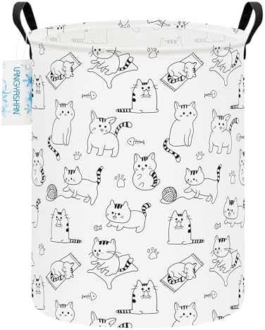 Round Laundry Basket Collapsible Storage Hamper Organizer Cat | Waterproof Canvas Foldable Baskets with sturdy Handles Multi-scene Organizer for Home Play Bedroom Gift Bin