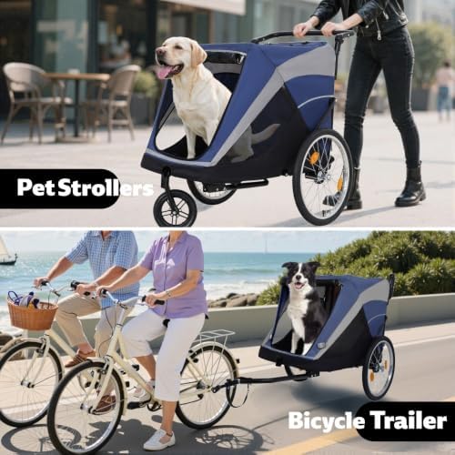 Pet Bike Trailer and Push Cart for Medium Large Dogs – Converts Between Towing and Walking Modes, Holds Up to 100 Lbs with Internal Leash and All-Weather Ventilation