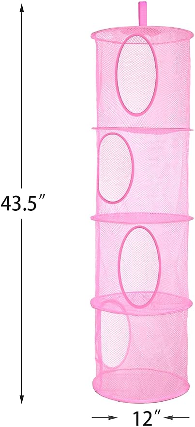 2Pcs Hanging Stuffed Animal Storage Hammock Net 4 Tiers, Pink | Hanging Mesh Storage Organizer for Kids Room, Holds Plushies, Gloves, Hats, Socks, Foldable Space-saving Design